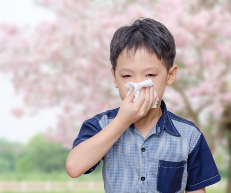 Boy sneezing due to high pollen count causing hayfever symptoms.