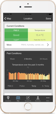 AirRater app monitoring temperature with historical air quality monitoring data shown