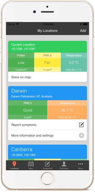 AirRater app showing air quality monitoring features, incuding pollen count, smoke pollution and symptom tracking.